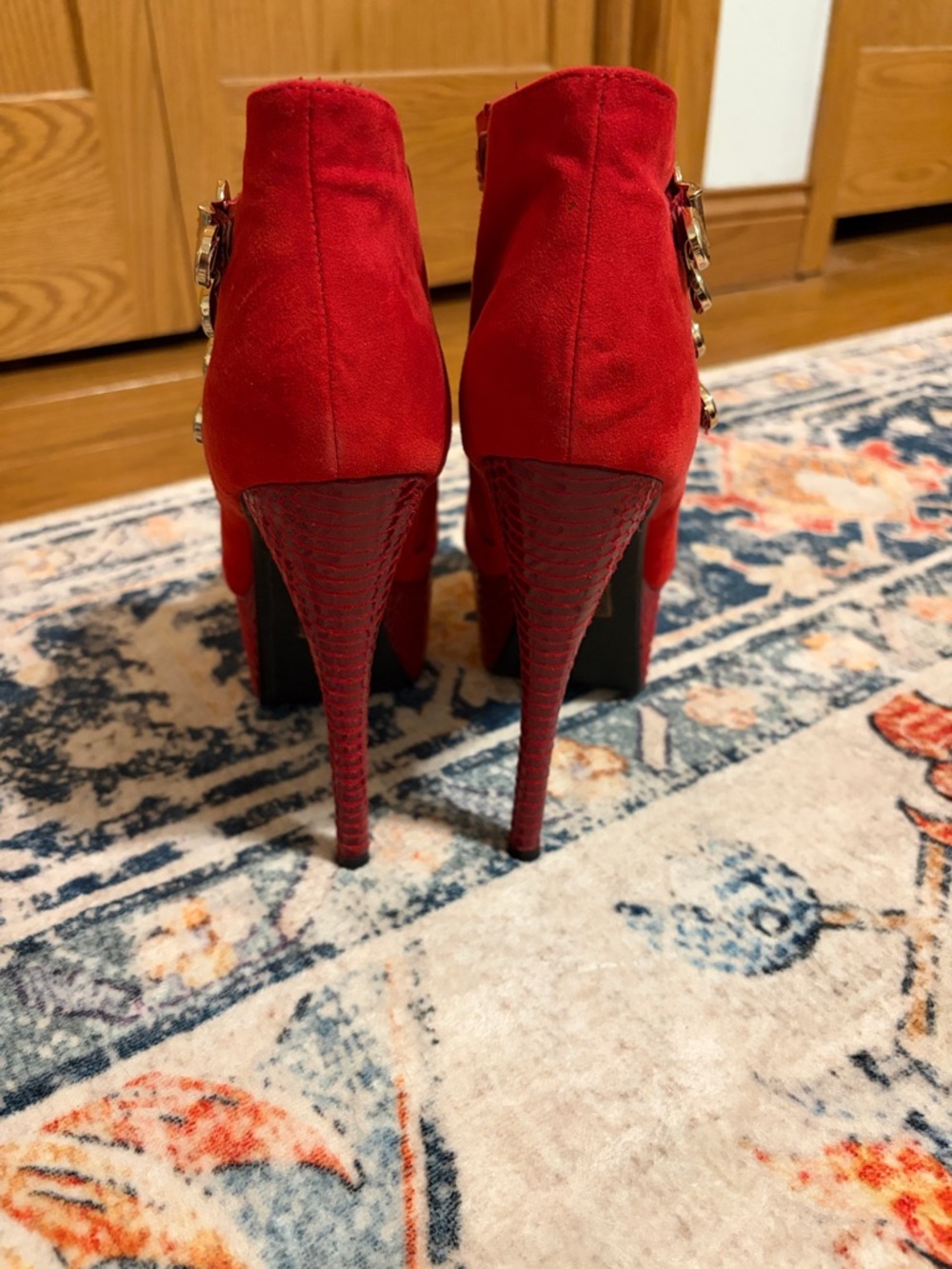 Shoe Dazzle Red Suede Platform Ankle Boots with Gold Buckles - Picture 6 of 8